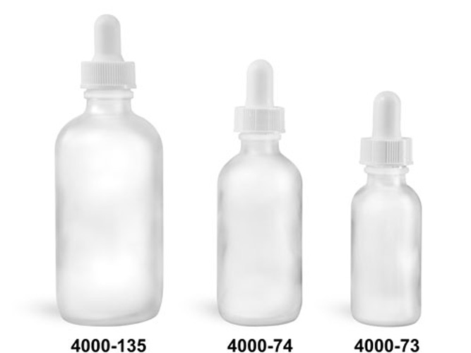Glass Bottles, Frosted Glass Boston Round Bottles w/ White Bulb Glass Droppers