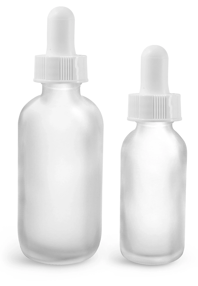 Frosted Glass Bottles, Glass Boston Round Bottles w/ White Bulb Glass Droppers