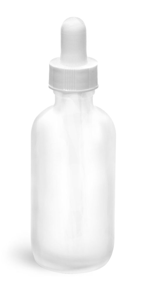 2 oz Glass Bottles, Frosted Glass Rounds w/ White Bulb Glass Droppers