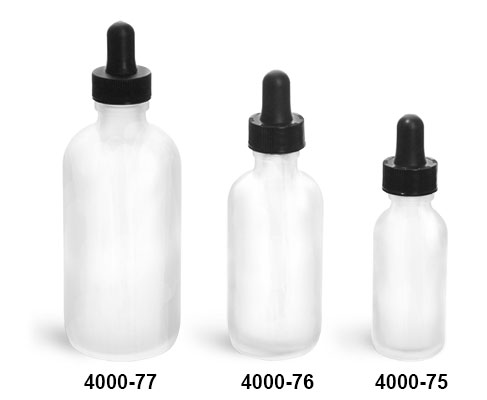 Glass Bottles, Frosted Glass Boston Round Bottles w/ Black Bulb Glass Droppers