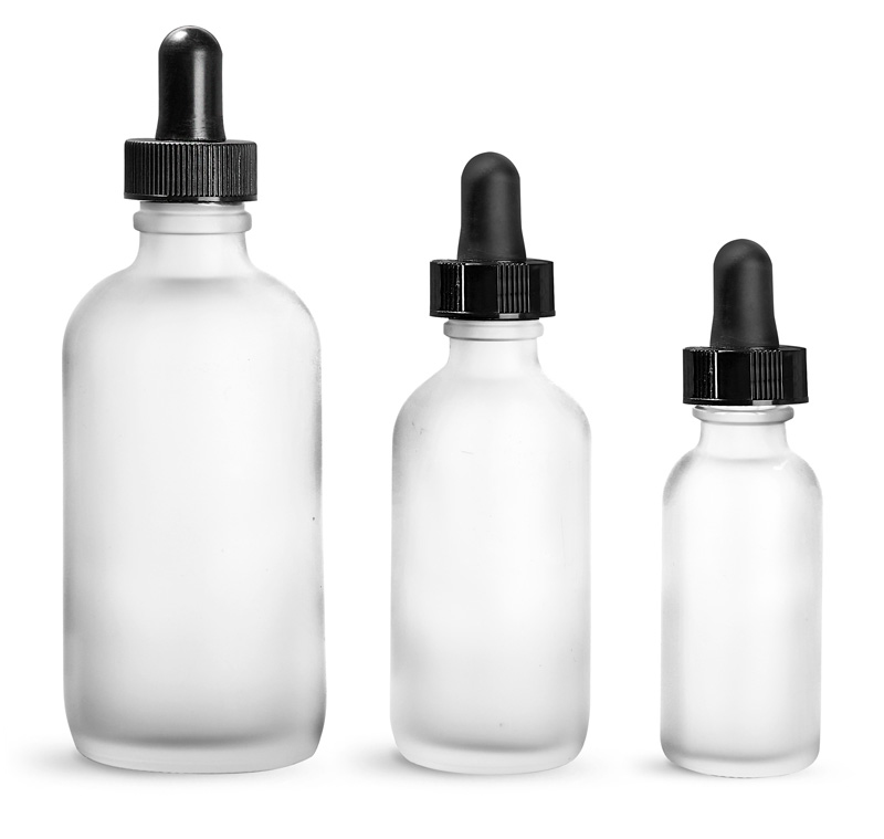 4 oz  Frosted Glass Boston Round Bottles w/ Black Bulb Glass Droppers
