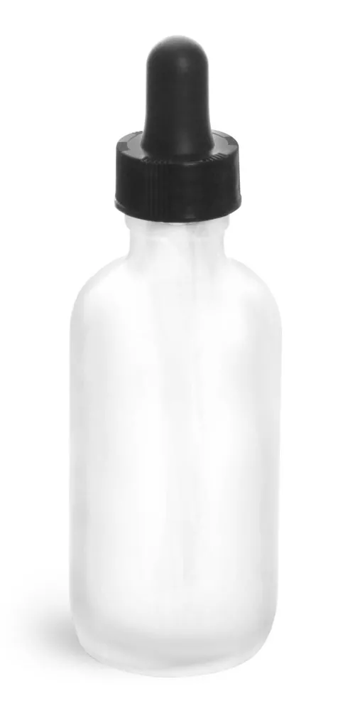 2 oz Glass Bottles, Frosted Glass Rounds w/ Black Bulb Glass Droppers