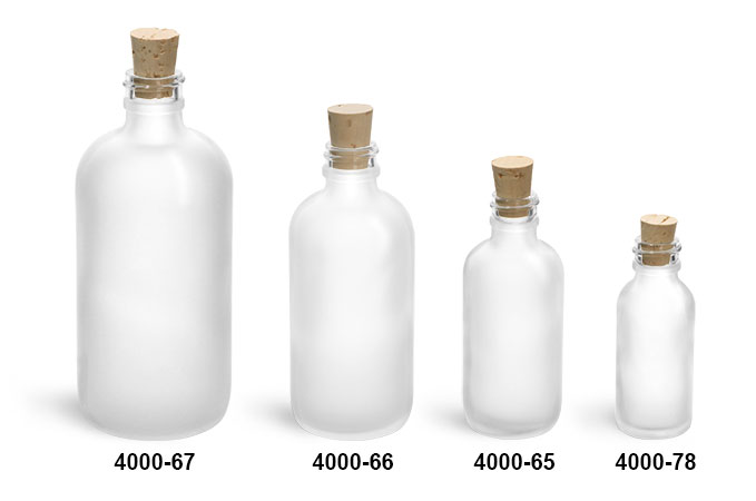 Glass Bottles, Frosted Glass Boston Round Bottles w/ Cork Stoppers