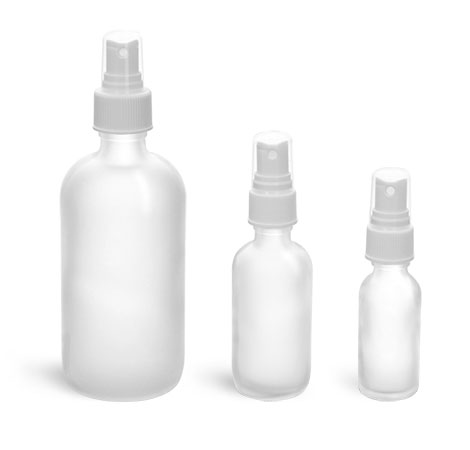 Glass Bottles, Clear Frosted Glass Boston Round Bottles w/ White Ribbed Sprayers