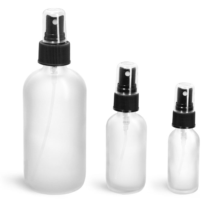 Glass Bottles, Frosted Glass Boston Round Bottles w/ Black Ribbed Fine Mist Sprayers