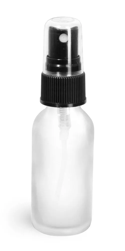 1 oz Frosted Glass Round Bottles w/ Black Fine Mist Sprayers