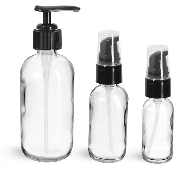 Clear Glass Boston Round Bottles w/ Black Treatment  Pumps
