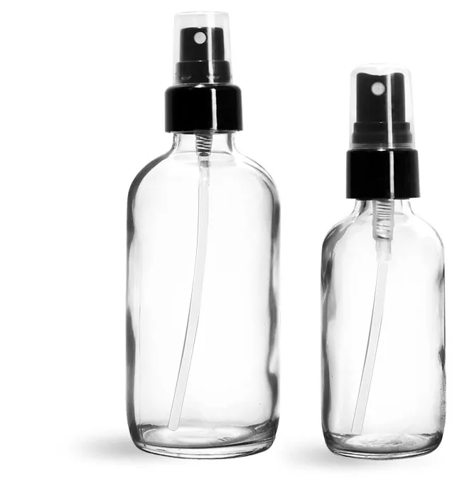 Glass Bottles, Clear Glass Boston Round Bottles w/ Smooth Black Fine Mist Sprayers