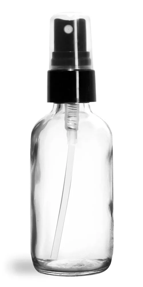 2 oz Glass Bottles, Clear Glass Boston Rounds w/ Smooth Black Fine Mist Sprayers