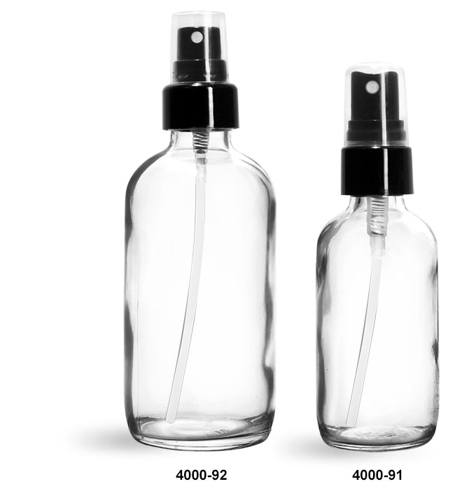 Glass Bottles, Clear Glass Boston Round Bottles w/ Smooth Black Fine Mist Sprayers