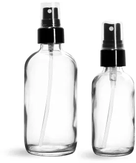 Glass Bottles, Clear Glass Boston Round Bottles w/ Smooth Black Fine Mist Sprayers
