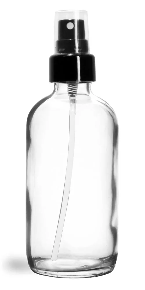 4 oz Glass Bottles, Clear Glass Boston Rounds w/ Smooth Black Fine Mist Sprayers