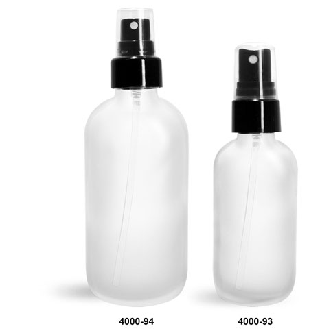 Glass Bottles, Frosted Glass Boston Rounds w/ Smooth Black Fine Mist Sprayers