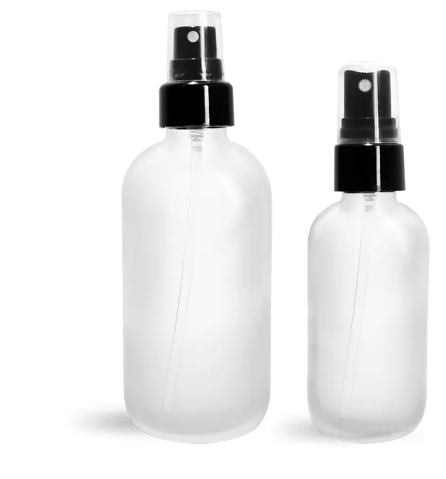 Glass Bottles, Frosted Glass Boston Rounds w/ Smooth Black Fine Mist Sprayers