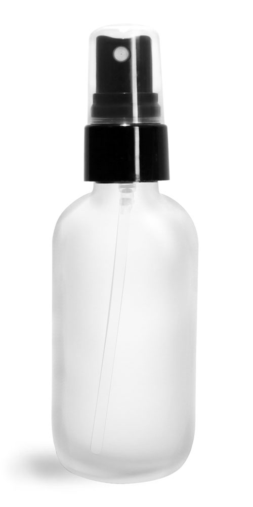 2 oz Glass Bottles, Frosted Glass Boston Rounds w/ Smooth Black Fine Mist Sprayers