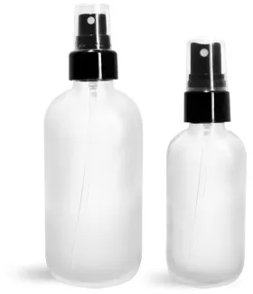 Glass Bottles, Frosted Glass Boston Round Bottles w/ Smooth Black Fine Mist Sprayers