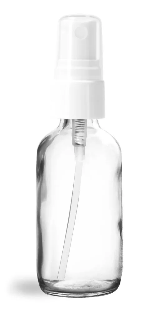 2 oz Glass Bottles, Clear Glass Boston Rounds w/ White Smooth Sprayers