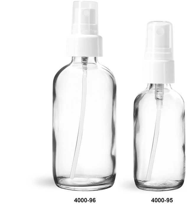 Glass Bottles, Clear Glass Boston Round Bottles w/ White Smooth Fine Mist Sprayers