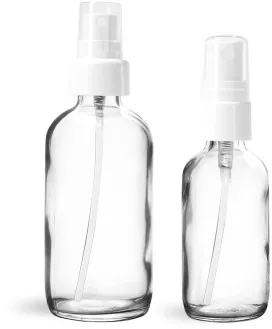 Glass Bottles, Clear Glass Boston Round Bottles w/ White Smooth Fine Mist Sprayers