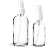 Glass Bottles, Clear Glass Boston Round Bottles w/ White Smooth Fine Mist Sprayers