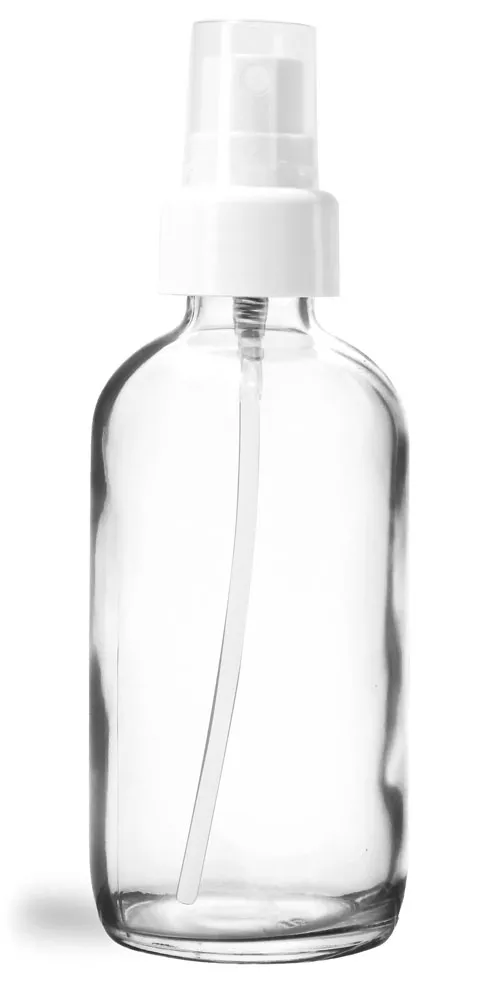 4 oz Glass Bottles, Clear Glass Boston Rounds w/ White Smooth Sprayers