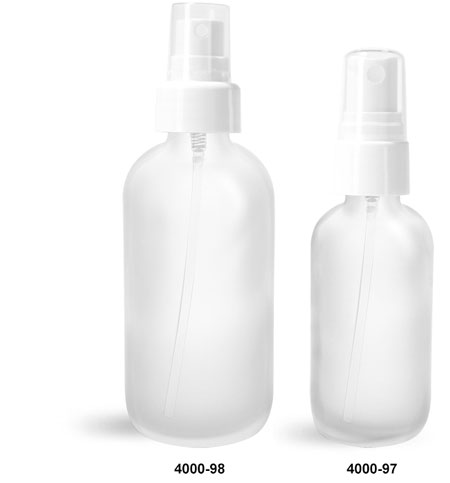 Glass Bottles, Frosted Glass Boston Rounds w/ White Smooth Fine Mist Sprayers