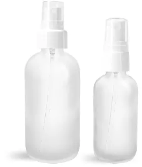 Glass Bottles, Frosted Glass Boston Round Bottles w/ White Smooth Fine Mist Sprayers