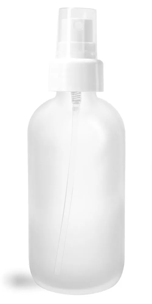 4 oz Glass Bottles, Frosted Glass Boston Rounds w/ White Smooth Sprayers