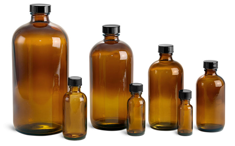 Amber Glass Bottles, Boston Round Bottles w/ Black Cone Lined Caps