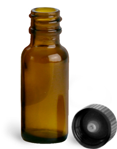 1/2 oz Amber Glass Bottles, Boston Round Bottles w/ Black Cone Lined Caps