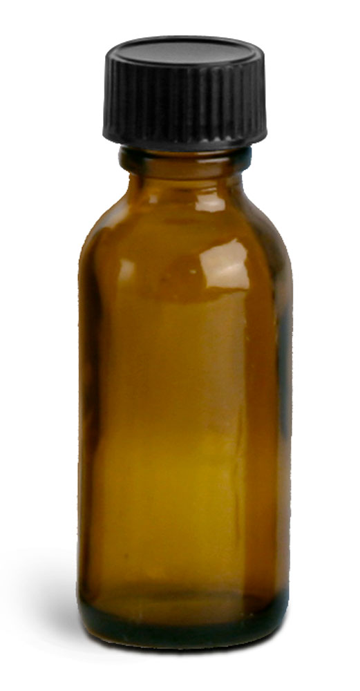 1 oz Amber Glass Round Bottles w/ Black Cone Lined Caps
