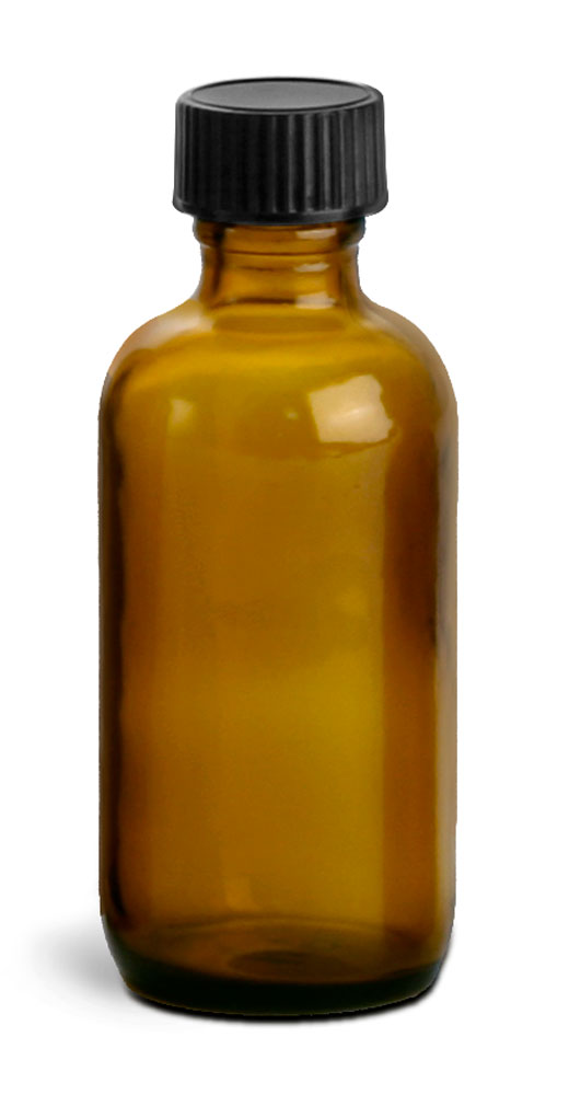2 oz Amber Glass Round Bottles w/ Black Phenolic Cone Lined Caps
