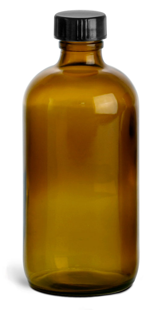 8 oz Amber Glass Round Bottles w/ Black Cone Lined Caps