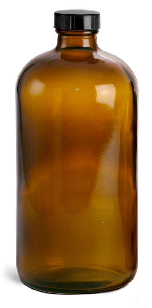 32 oz Amber Glass Round Bottles w/ Black Cone Lined Caps
