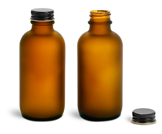 4 oz Frosted Amber Glass Rounds with Lined Black Metal Caps