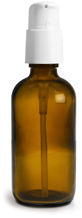 4 oz Amber Glass Boston Round Bottles w/ White Treatment Pumps