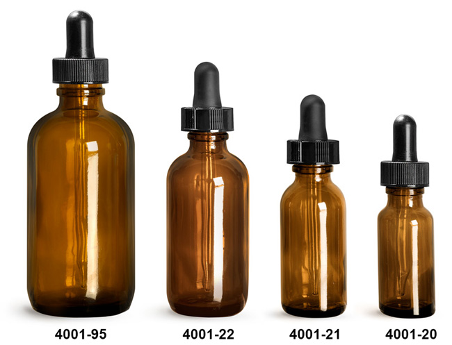 Glass Bottles, Amber Glass Boston Round Bottles w/ Black Bulb Glass Droppers