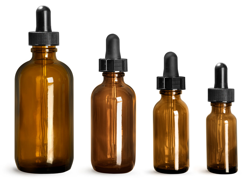 Amber Glass Bottles, Boston Round Bottles w/ Black Bulb Glass Droppers