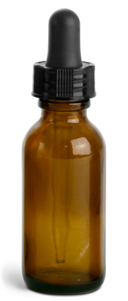 1 oz       Amber Glass Round Bottles w/ Black Bulb Glass Droppers