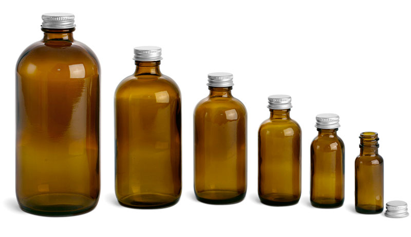 Amber Glass Bottles, Boston Round Bottles w/ Lined Aluminum Caps