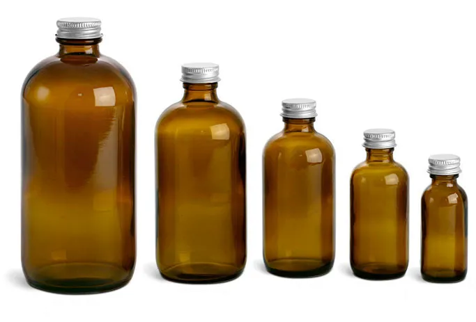 Amber Glass Boston Round Bottles w/ Lined Aluminum Caps