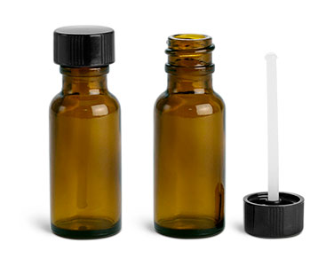 Glass Bottles, Amber Glass Boston Round Bottles w/ PE Ball Rod Caps