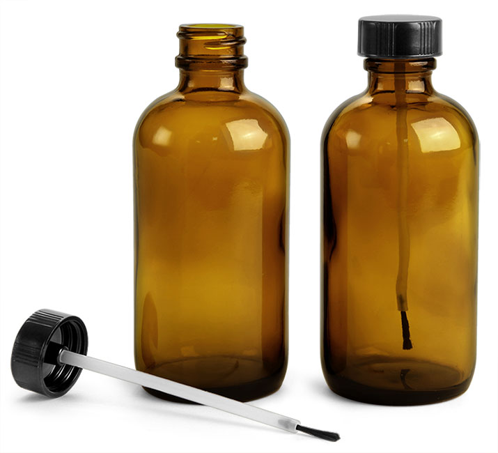 Amber Glass Boston Round Bottles w/ Brush Caps