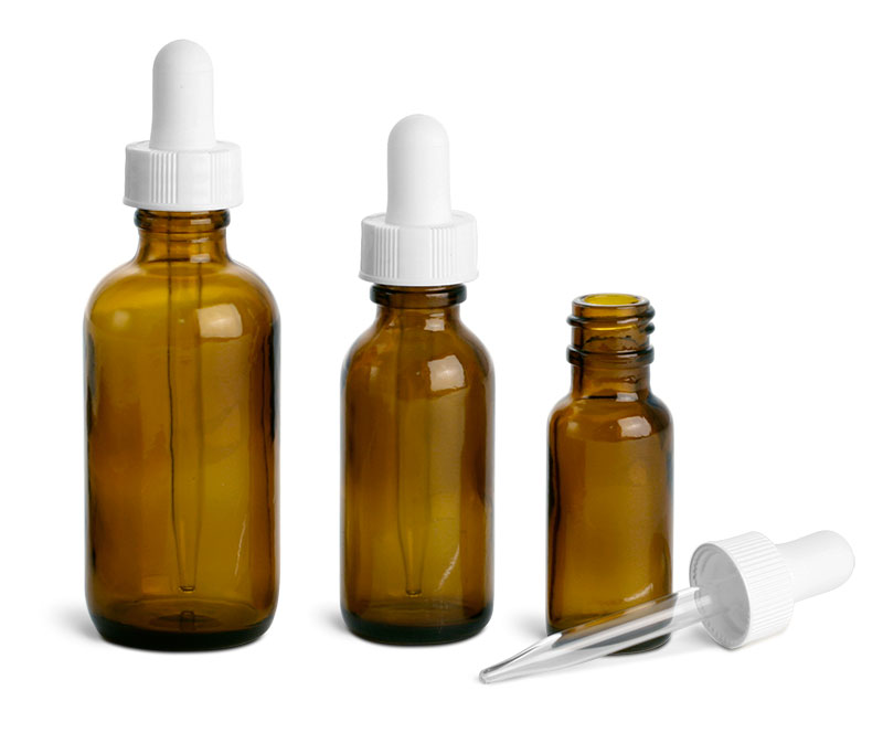 Amber Glass Bottles, Boston Round Bottles w/ White Bulb Glass Droppers