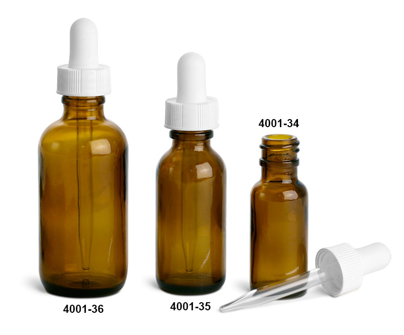 Glass Bottles, Amber Glass Boston Round Bottles w/ White Bulb Glass Droppers