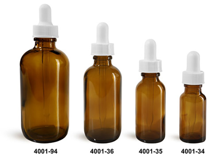Glass Bottles, Amber Glass Boston Round Bottles w/ White Bulb Glass Droppers