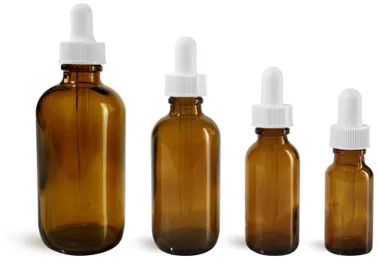 Amber Glass Bottles, Boston Round Bottles w/ White Bulb Glass Droppers