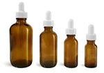 Amber Glass Bottles, Boston Round Bottles w/ White Bulb Glass Droppers