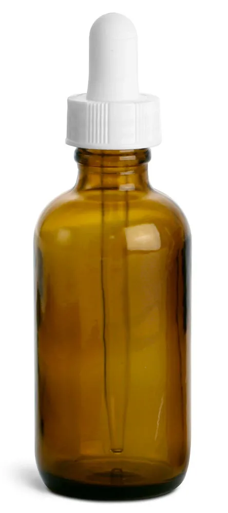 2 oz     Amber Glass Round Bottles w/ White Bulb Glass Droppers