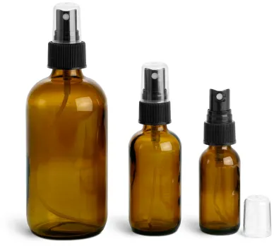 Amber Glass Bottles, Boston Round Bottles w/ Black Ribbed Fine Mist Sprayers